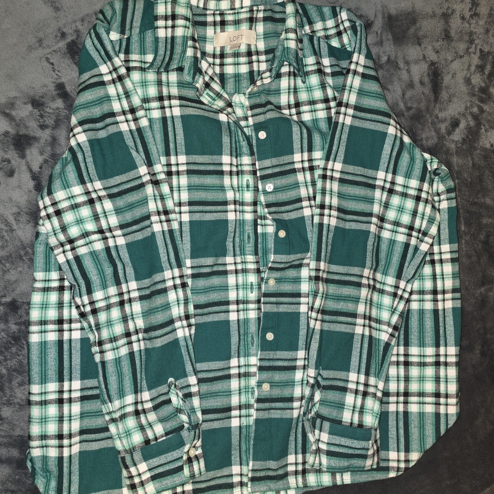 LOFT Green and White Checkered Blouse